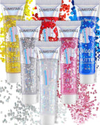 6Colors Face Body Glitter Gel，Holographic Chunky Sequins Body Glitter Paint for Party Singer Concerts Music Festival Rave Accessories for Girls Women Face Body Hair DIY Sparkling Makeup