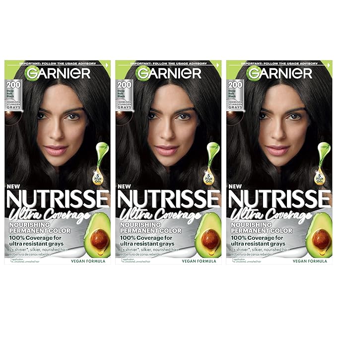Garnier Hair Color Nutrisse Ultra Coverage Nourishing Creme, 200 Deep Soft Black (Black Sesame) Permanent Hair Dye, 3 Count (Packaging May Vary)