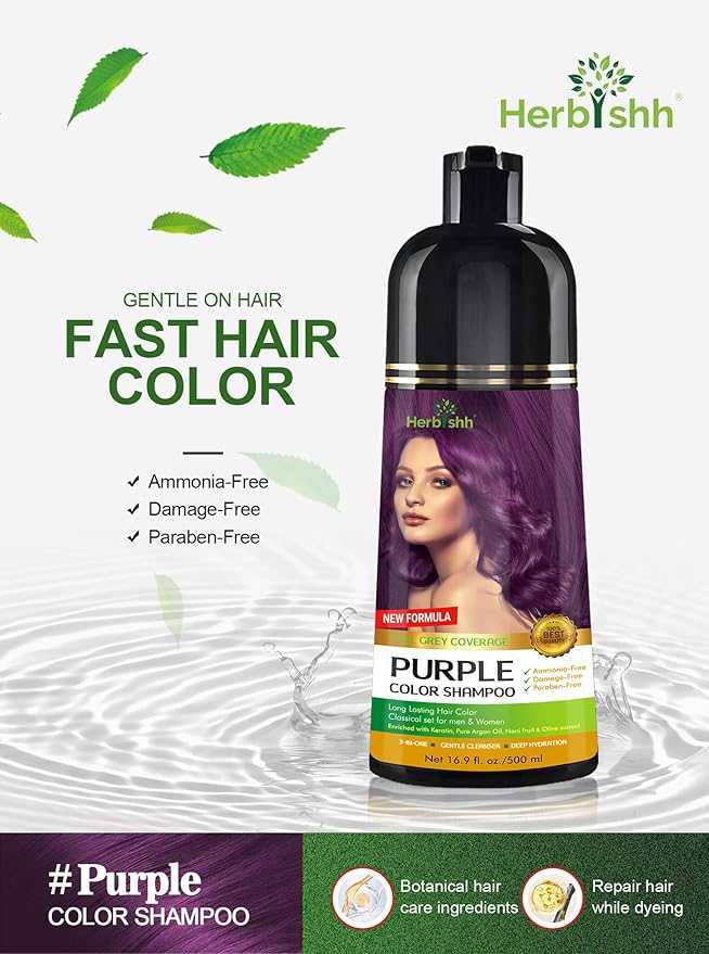 Herbishh Magic Hair Dye Shampoo – Colors Gray Hair in Minutes – Long Lasting – 500 Ml – 3-In-1 Ammonia-Free Color Treatment (Purple)