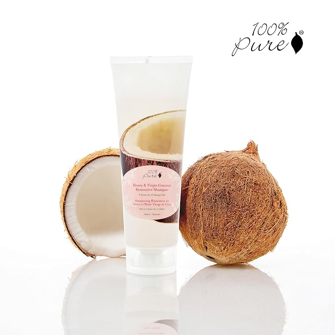 100% PURE Honey & Virgin Coconut Restorative Shampoo & Cleansing Detox Helps Restore Damaged Hair, Replenish Moisture & Body Healthy Hair Growth for Women & Men - Sulfate Free - 8 Fl Oz
