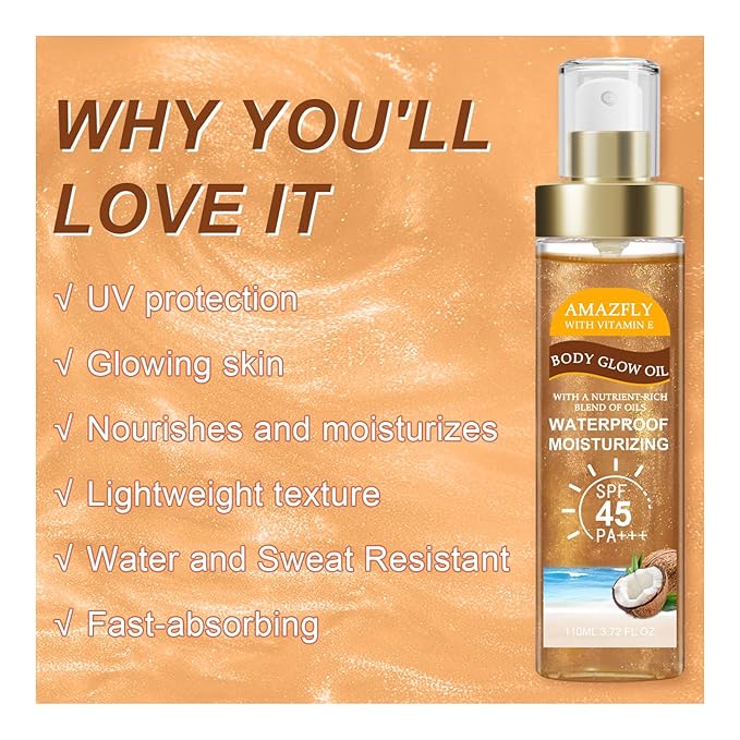 Body Glow Oil, SPF 45 PA+++, Sunscreen Body Oil with AMBER Mica, Moisturizing Coconut with Vitamin E, Glow Moisturizer, Lightweight, Water Resistant, 3.72 fl oz (#3 AMBER)
