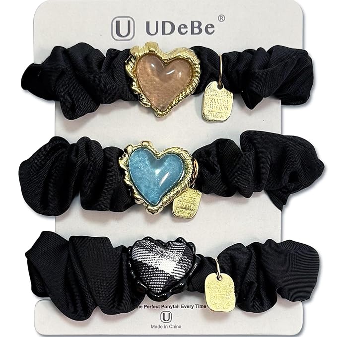 Silk Scrunchies Hair Ties 3Packs – Super Soft Thin Hair Scrunchies, Gentle on Hair, Heart Decorated Hair Accessories for Women
