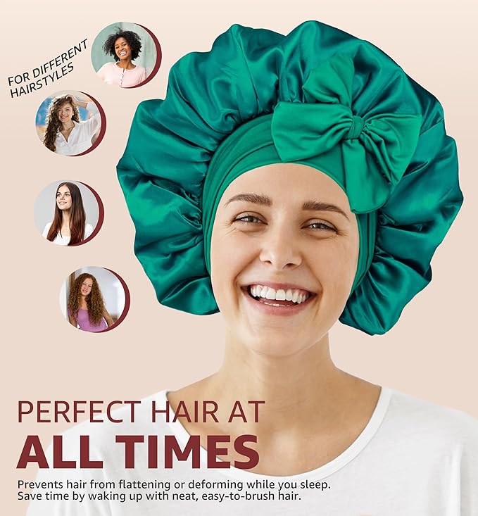 HiRui Silk Satin Bonnet for Sleeping Women, Double-Layer Sleep Cap Shower Cap with Adjustable Tie, Moisture Retaining Satin Lined Hair Bonnet for Curly and Natural Hair (Cyan/Black, Medium)