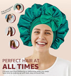 HiRui Silk Satin Bonnet for Sleeping Women, Double-Layer Sleep Cap Shower Cap with Adjustable Tie, Moisture Retaining Satin Lined Hair Bonnet for Curly and Natural Hair (Cyan/Black, Large)