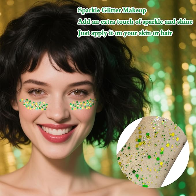 MEICOLY Gold and Green Face Glitter,Green Face Glitter,Gold Hair Accessories,Sparkle Halloween Body Glitter Makeup for Mardi Gras Carnival Festival Party,St Patricks Day Accessories
