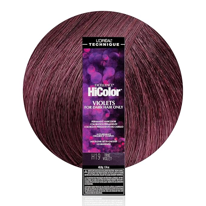 L'OREAL TECHNIQUE HiColor Violet & Black Shades Permanent Hair Color - Anti-Breakage Ceramide R Complex, Multi-Lift With No Brassiness, For Dark Bases and Long Lasting Color, H19 True Violet
