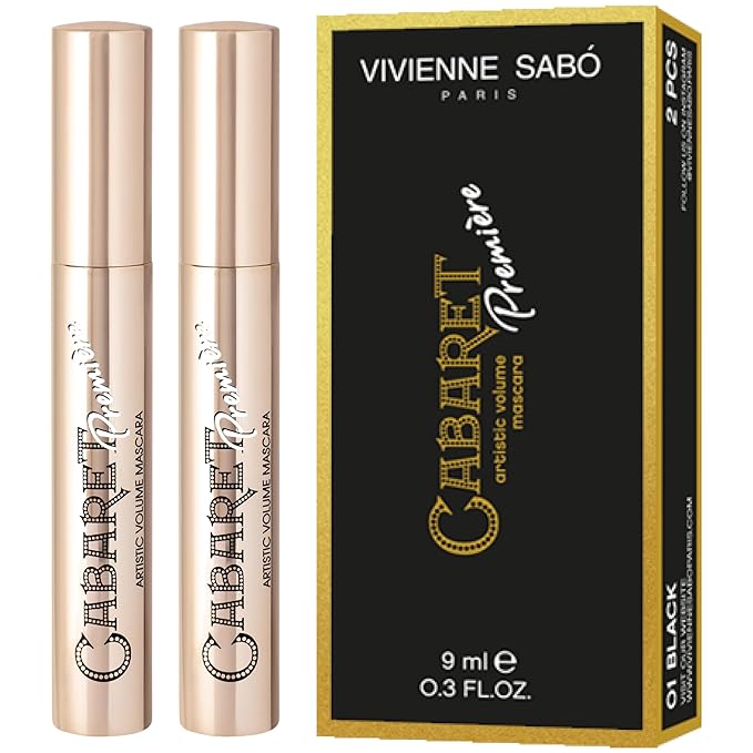 Vivienne Sabó Cabaret Premiere Black Mascara, Volume and Length, Defining, Curling, No Flaking, No Clumping, Smudge Proof, Washable, Cruelty-Free, Made in Europe, (01 Black), 0.6 Fl Oz, 2 Pack