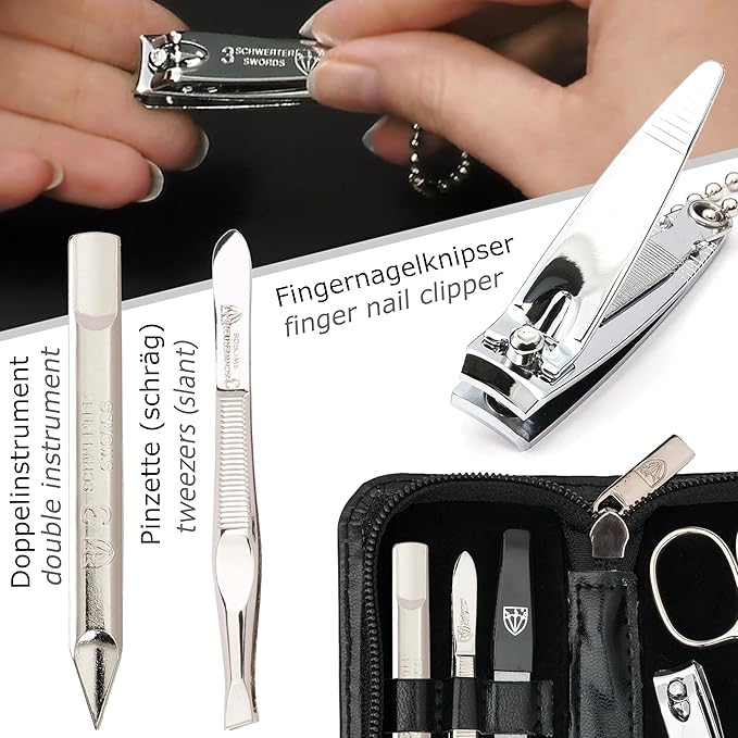 3 Swords Germany - brand quality 5 piece manicure pedicure grooming kit set for professional finger & toe nail care with synthetic leather case black - Made in Germany