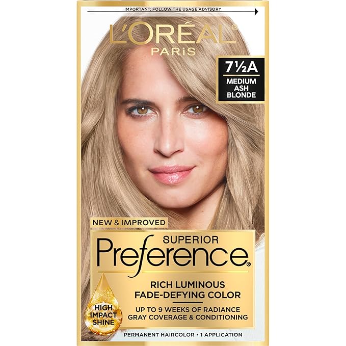 L'Oreal Paris Superior Preference Luminous Fade-Defying Permanent Hair Color, Hair Dye For Up to 9 Weeks of Radiance, Medium Ash Blonde 7.5A, 1 Hair Dye Kit