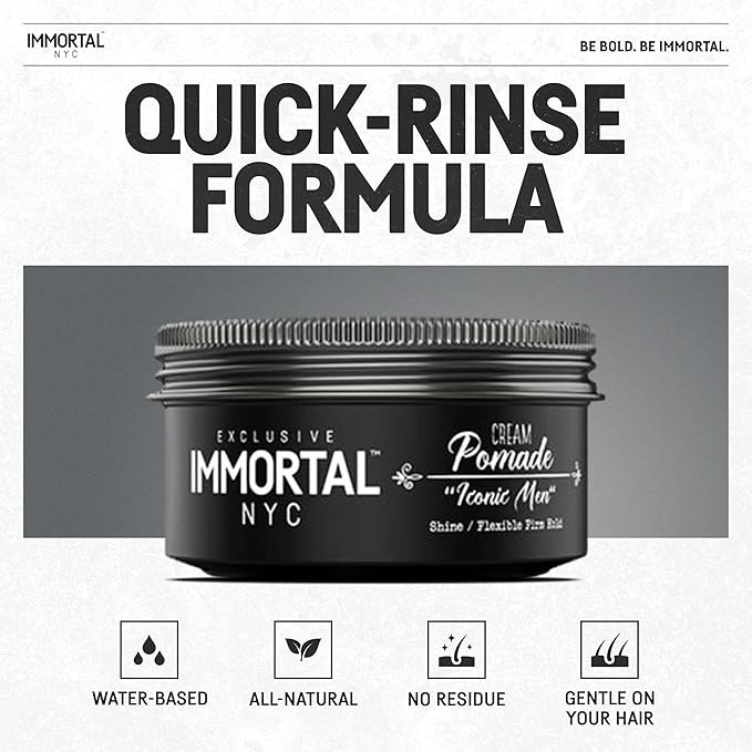 Immortal NYC Iconic Men Cream Pomade - Flex Medium/Stong Hold - Low Shine All Natural Water-Based Hair Cream Pomade for Men - No Residue, All Hair Types