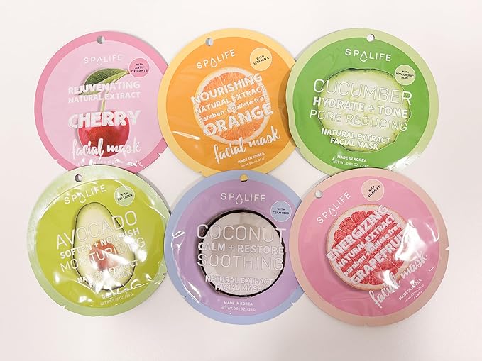 SpaLife Beauty Fruit Facial Sheet Masks 24 Pack – Face Masks Skincare Set – Hydrating Face Masks – 6 Natural Fruit Extract Formulas – Orange, Grapefruit, Coconut, Cherry, Avocado, Cucumber