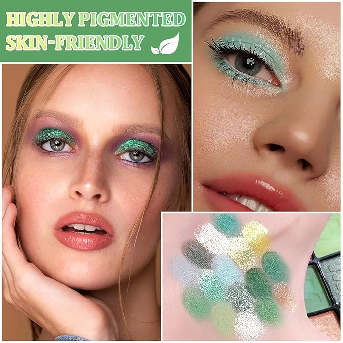 Green Eyeshadow Palette Makeup,16 Colors Highly Pigmented Long Lasting Waterproof Glitter Eye Shadow Plattet,Blendable Forest Green Yellow Colorful Matte Eyeshadow Makeup Palette for Women