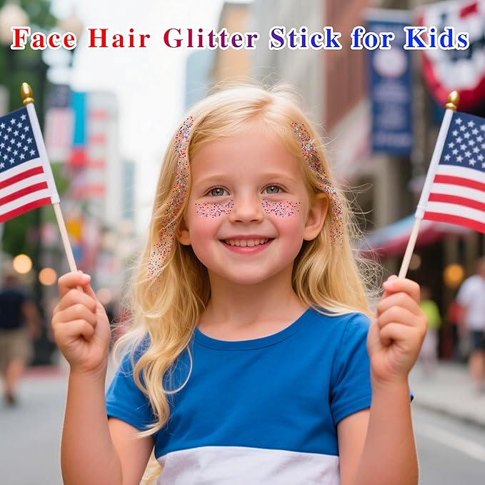 MEICOLY Red White and Blue Face Body Glitter Stick,Hair Glitter Stick for Women,Sparkle Patriotic Pride Chunky Glitter Makeup for Memorial Day,4th of July Accessories Outfits for Women