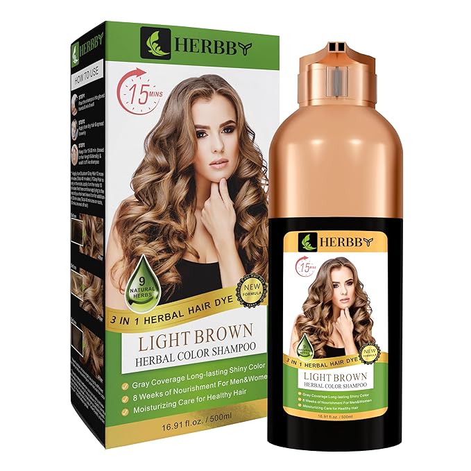 HERBBY Hair Color Shampoo for Gray Hair Coverage&Color Transform with 9 Herbal Extracts –Long Lasting(6-8 Weeks),Shiny,Evenly Colored,Instant Hair Dye Shampoo&Conditioner, 500 Ml (LIGHT BROWN COLOR)