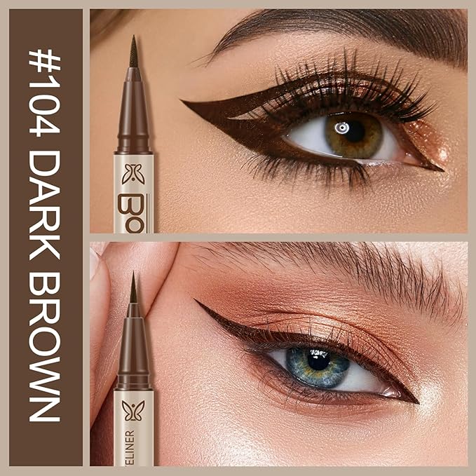 Boobeen 2pcs Liquid Eyeliner，Dual-Ended Eye Liner with Thick Tip and Precise Brush Tip，Waterproof Black Liquid Liner Pen，Matte Finish，All Day Wear，Smudge-proof,Brown