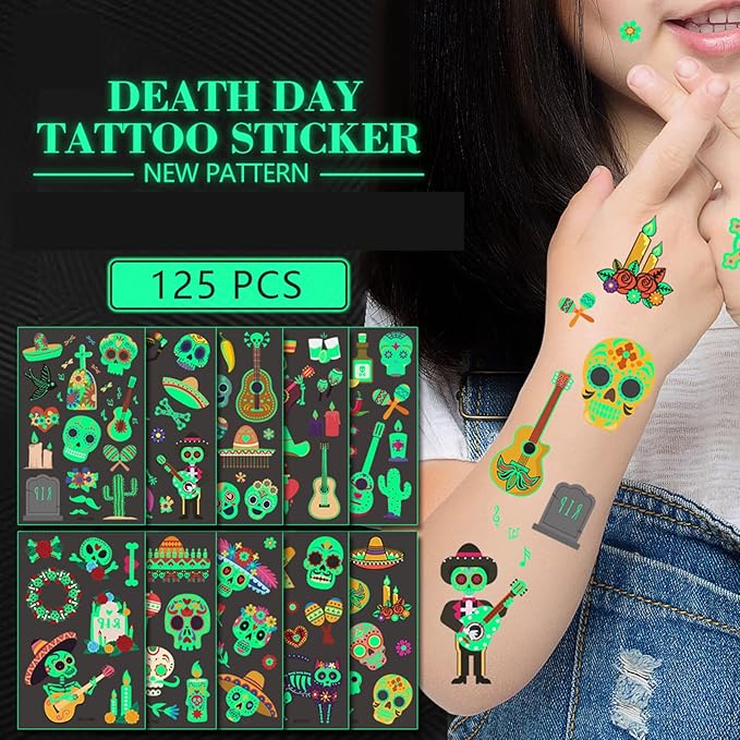 Day of the Dead Luminous Halloween Temporary Tattoo, 125PCS Waterproof Fake Face Tattoos, Body Stickers Decorations Glow in the Dark, Makeup Party Favors Supplies Decor