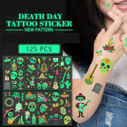Day of the Dead Luminous Halloween Temporary Tattoo, 125PCS Waterproof Fake Face Tattoos, Body Stickers Decorations Glow in the Dark, Makeup Party Favors Supplies Decor