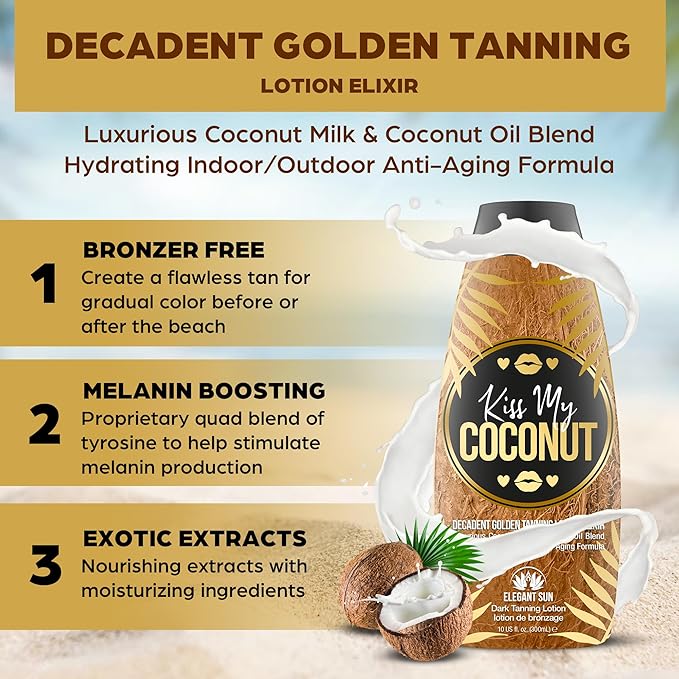 Kiss My Coconut - Tanning Bed Lotion, Skin Softening Golden Tan Intensifier with Coconut Milk & Cocoa Butter, No Bronzer, Unisex Hydrating Indoor/Outdoor Accelerator by Elegant Sun