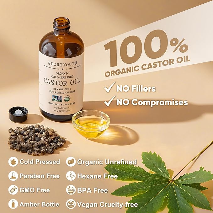 SPORTYOUTH Castor Oil Organic, Cold Pressed, Hexane Free, USDA Certified 100% Pure Glass Bottle 16oz Non-GMO Unrefined Carrier Oil for Hair Growth, Face, Castor Oil Pack, Eyelashes, Brows, Skin