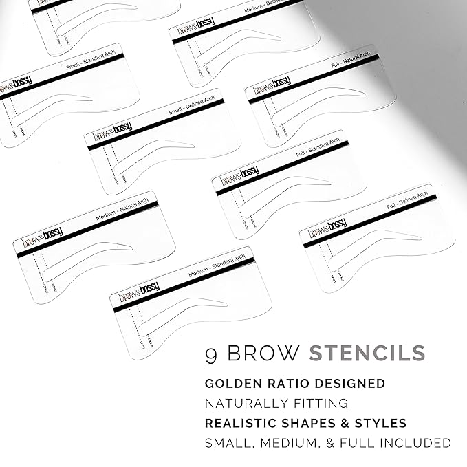Brows by Bossy Dual-Color Eyebrow Stamp Stencil Kit with 9 Reusable Eyebrow Stencils for Professional Brow Stamping Shaping Kit and Instant Long Lasting Filling and Waterproof Tinting Definer