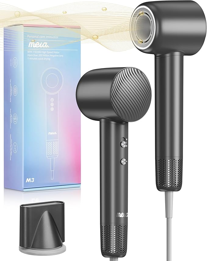 Ionic Hair Dryer - Mera M3, Professional Frizz-Fighting Blow Dryer, 5-Minute Fast Drying, Quiet Lightweight Travel Hairdryer with Snap-On Concentrator for Women