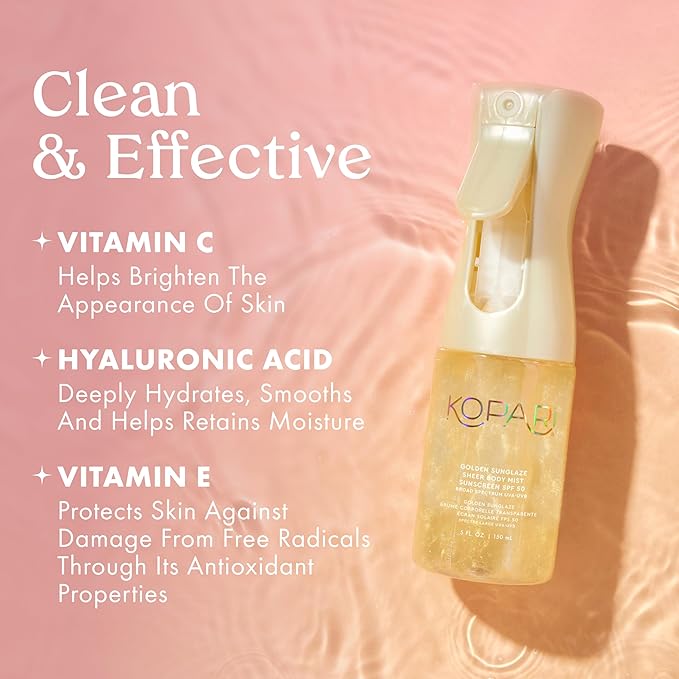Kopari Golden Sunglaze Sheer Body Mist Sunscreen SPF 50, Infused with Shimmering Body Oil, Hydrating Mist, Hydrates, Brightens, Gives Skin a Glowy Finish, Lightweight, Fast-Absorbing.