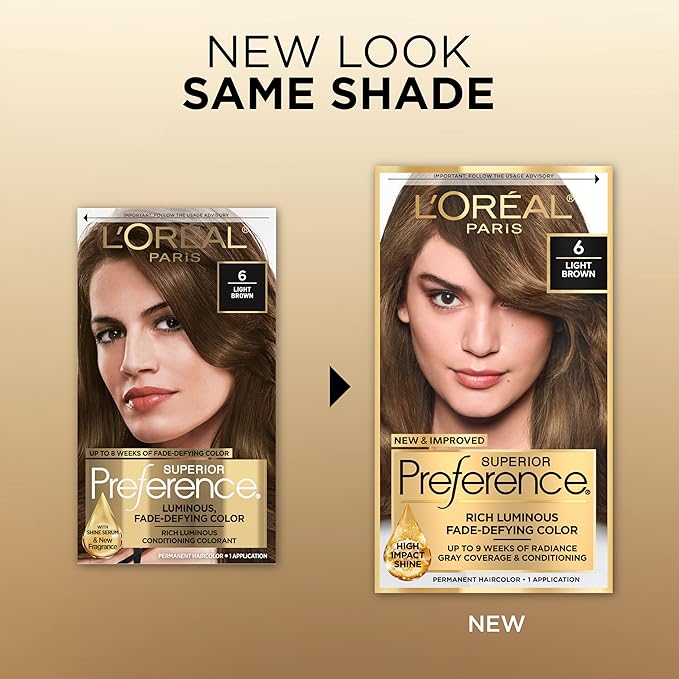 L'Oreal Paris Superior Preference Fade-Defying + Shine Permanent Hair Color, 6 Light Brown, Pack of 1, Hair Dye