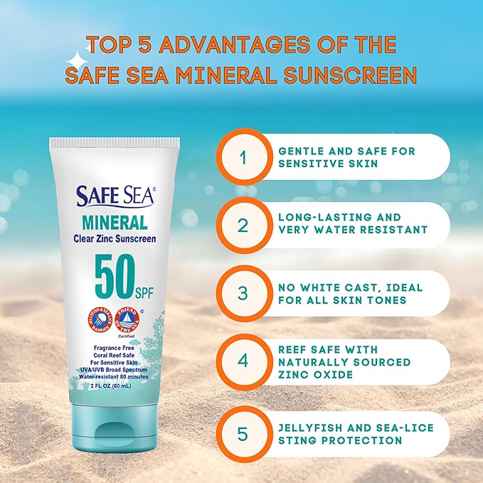 Safe Sea Zinc Oxide Sunscreen SPF50 | Clear Mineral Face Sunscreen | Anti-Jellyfish Sting Protective Lotion | Coral Reef Safe | Travel Size - 2Oz (60ml), Pack of 1