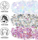 Face Body Glitter Set for Women and Kids, White Silver Pink Holographic Mermaid Sequins Chunky Glitter Makeup for Festival Rave Outfits Accessories, Sport, Wedding Season, Valentine's Day
