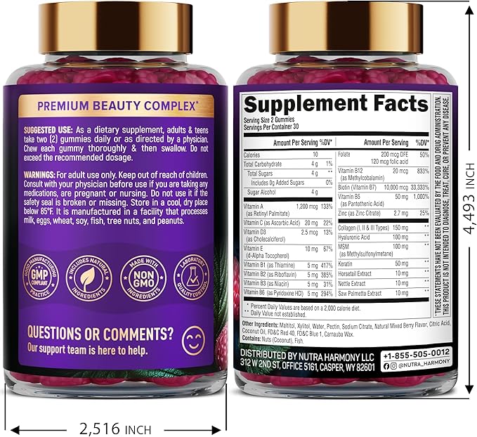 Biotin Gummies with Collagen - Hair Growth Support Skin, & Nail Strength - for Women & Men - Biotin 10000mcg | Keratin | Hyaluronic Acid | B-Complex | Saw Palmetto - Sugar-Free, Mixed Berry, Pack of 2