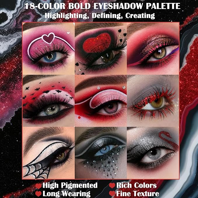 Black Red Goth Smokey Eyeshadow Palette Makeup-18 Colors Gray Silver Pink Burgundy Matte Shimmer Metallic Dark Eye Shadow Pallet for Christmas Halloween Clown Vampire Joker SFX Cosplay Costume Make Up