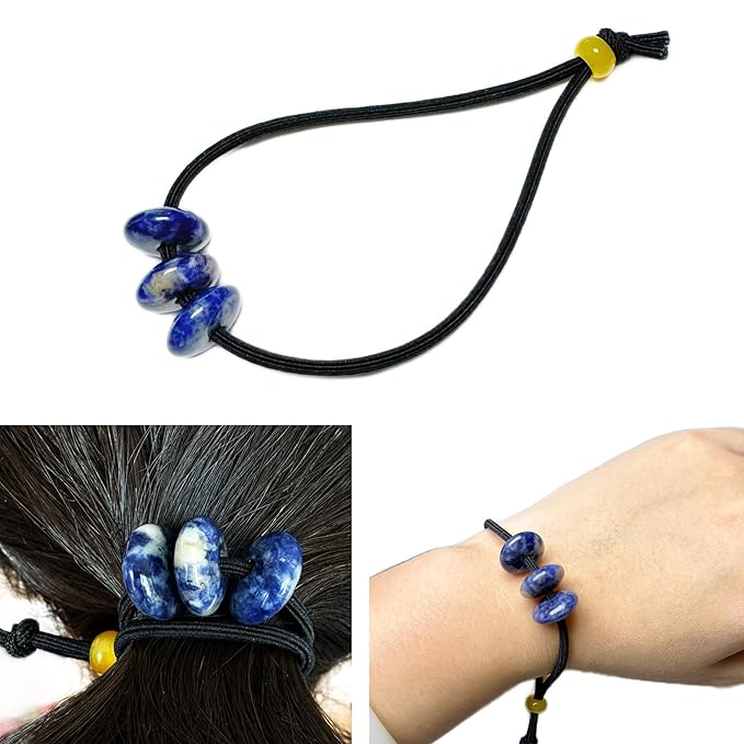 Elastic Hair Tie for Women Real Gemstone beads Ponytail Holders Hair Accessories hair elastic tie for Women Men (Blue Sodalite)