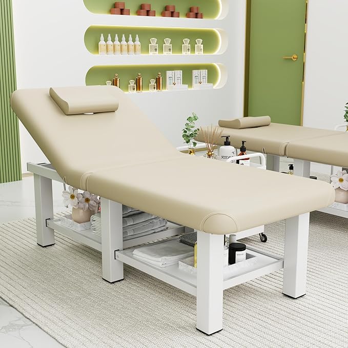 30.5'' Wide × 75'' Long Folding Stationary Massage Table with Backrest and Storage Space for Treatment Table Physical Therapy Table Spa Facial Bed, 6 Square legs, Metal Frame PU Leather - Beige Gray