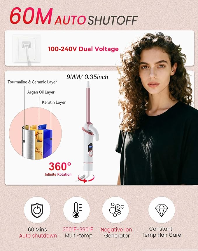 Small Barrel Mini Thin Curling Iron for Short Hair Dual Voltage with European UK Plug Adapter 3/8 Inch Travel Size Curling Iron to Tight Corkscrew Curls with 30S Fast Heating, 5 Temps for Global