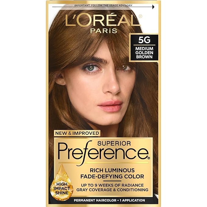 L'Oreal Paris Superior Preference Luminous Fade-Defying Permanent Hair Color, Hair Dye For Up to 9 Weeks of Radiance, Medium Golden Brown 5G, 1 Hair Dye Kit