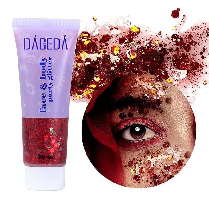 DAGEDA Body Glitter Gel, Face Glitters Body Gel Sequins Shimmer Liquid Eyeshadow, Chunky Glitter for Face Hair Nails, Holographic Cosmetic Laser Powder Festival Glitter Makeup 50ml(Red)