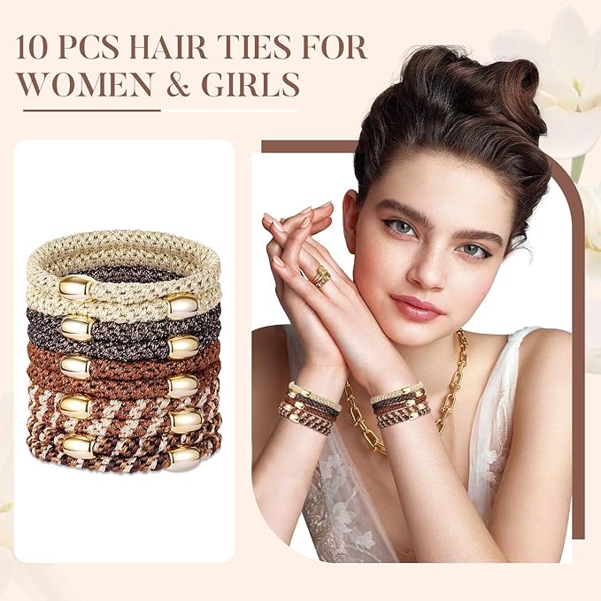 Hair Ties No Damage - 10PCS Ponytail Holders - Elastic Hair Ties for Thick Hair - Braided Hair Bands for Women Girls's Hair - Wood Grain