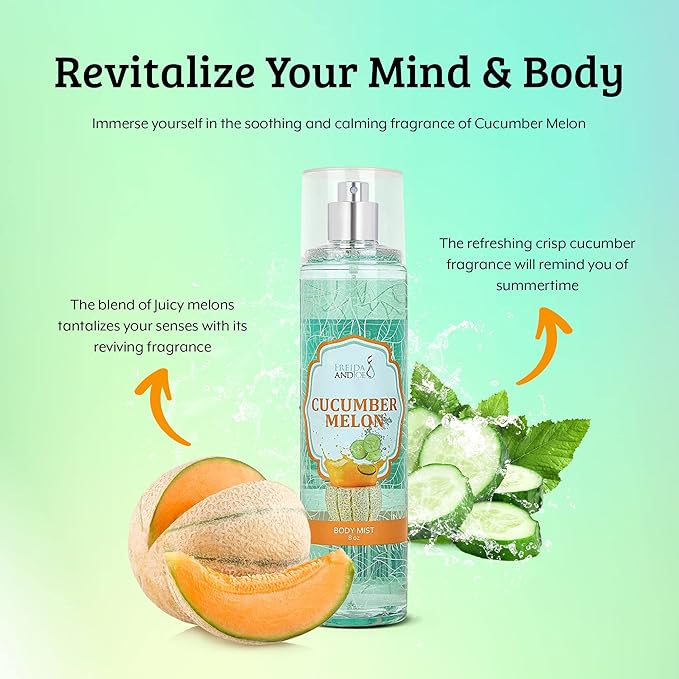 Cucumber Melon Fine Fragrance Body, Womens Perfume Fragrance Body Mist & Sprays, Women's Refreshing Scented Gifts & Presents 8 oz Fine Mist Spray Bottle