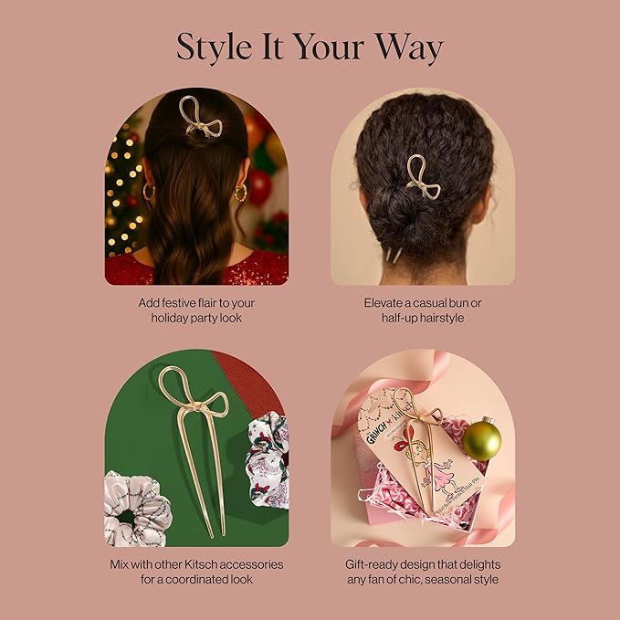 The Grinch x Kitsch Gold French Hair Pin with Bow Design - Durable Metal Hair Pin for Effortless Updos, Half-Up Style | Lightweight & Ideal Stocking Stuffers | Ideal Gifts for Women - 1pc