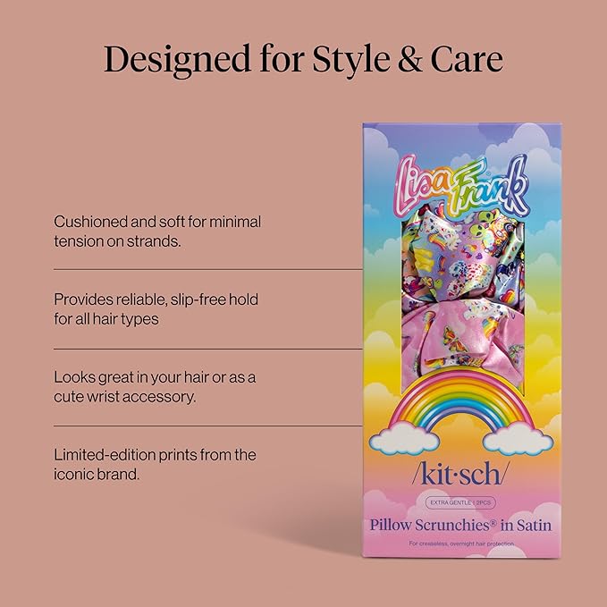 Lisa Frank x Kitsch Pillow Satin Scrunchies for Women - Hair Ties No Damage, No Crease Hair Accessories | for Day or Night Use | Ideal Gifts for Women - 2pcs