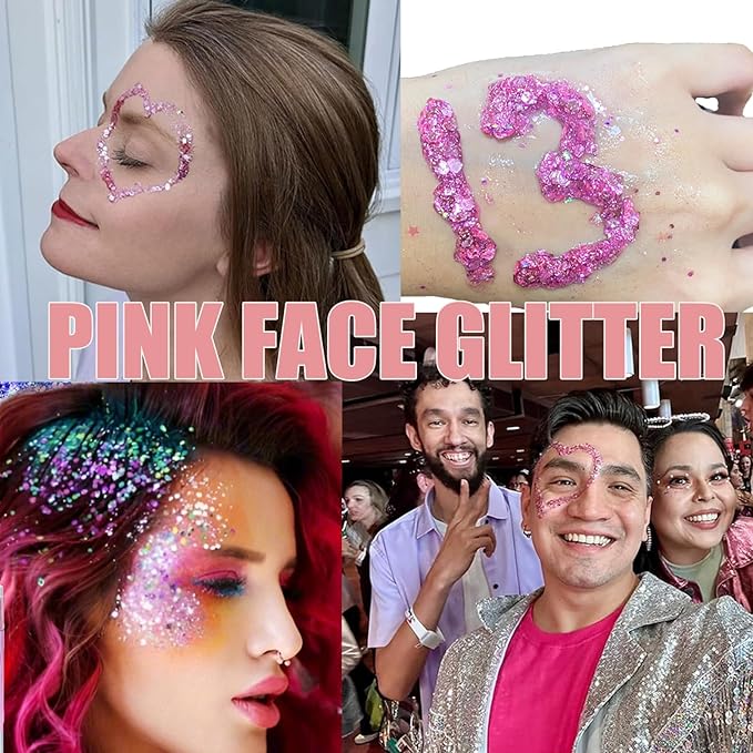 Pink Face Glitter Gel,Singer Concerts Music Festival Pink Out Accessories,Lover Heart Body Glitter Gel,Halloween Sequins Face Glitter Paint Makeup,Sparkling Hair Chunky Glitter for Women,50ML