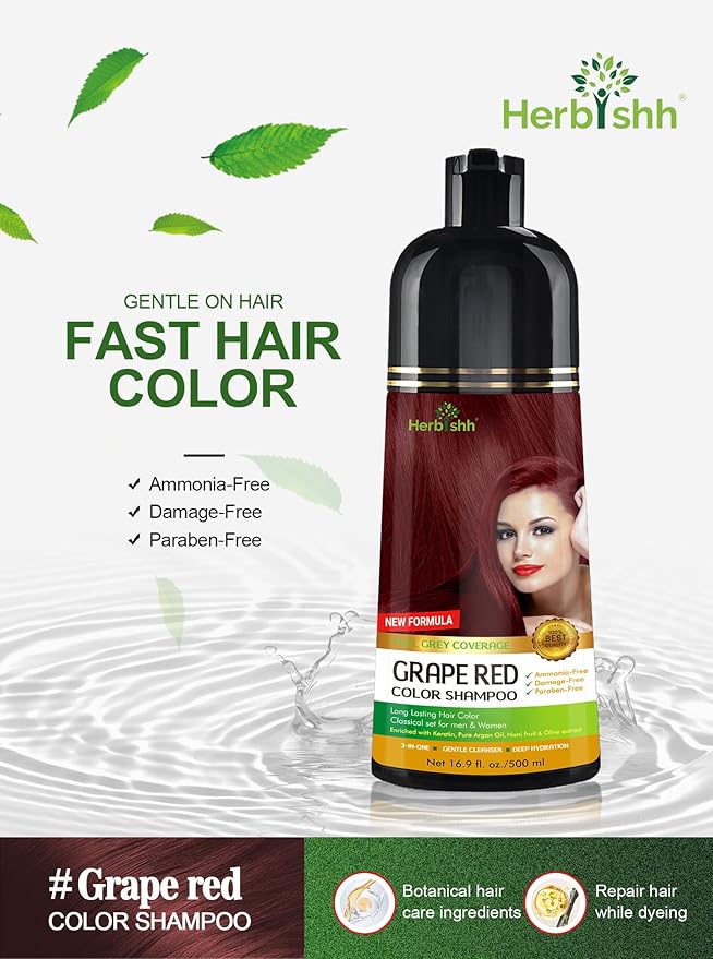 Herbishh Hair Color Shampoo (Grape Red) - Magic Hair Dye for Gray Hair - Ammonia-Free, 3-in-1 Shampoo Conditioner - Lasts 2-3 Weeks, 500 ml
