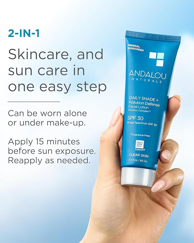 Andalou Naturals Clear Skin Mineral Face Sunscreen SPF 30 - Daily Shade Pollution Defense Facial Sunblock Lotion with Zinc Oxide - Lightweight, Non-Greasy, Non-comedogenic, Fragrance-Free - 2.7 fl oz