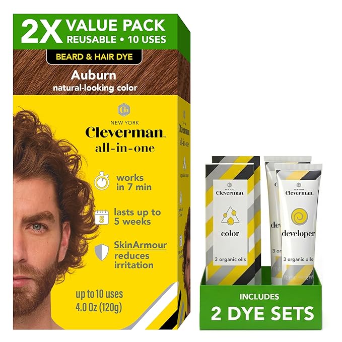 2X Pack Cleverman Hair & Beard Dye Kit for Men, All-in-One Reusable Mens Hair Color, Natural Gray Coverage, Ammonia-Free Beard Mustache Dye for Men (Auburn)