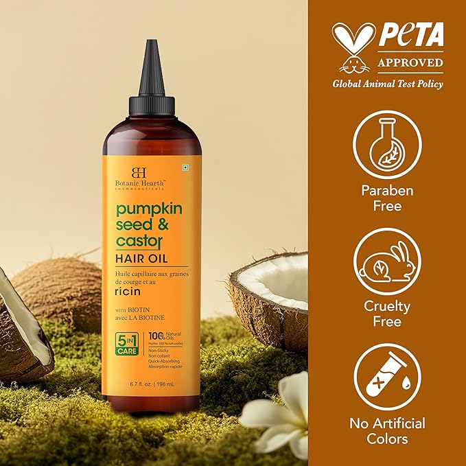 Botanic Hearth Hair Oil for Hair Growth | Strengthening Dry, Frizzy, Damaged Hair & Scalp Treatment | No Parabens or Harmful Sulfates | All Hair Types | Pumpkin & Castor Hair Oil - 6.7 Fl Oz
