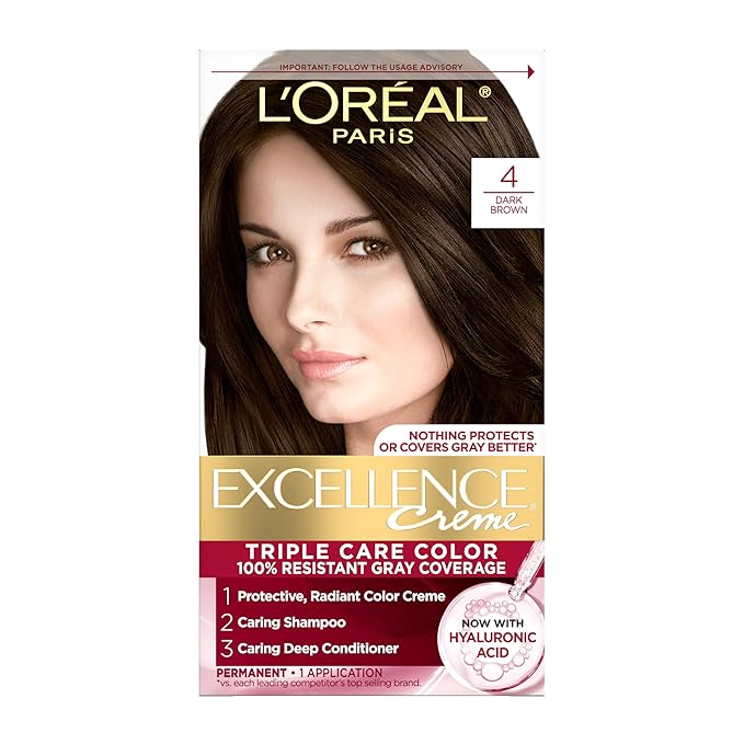 L'Oreal Paris Excellence Crème Permanent Hair Dye, Triple Care Hair Color with Pro-Keratine Complex for 100% Gray Hair Coverage, 4 Dark Brown, 1 Kit