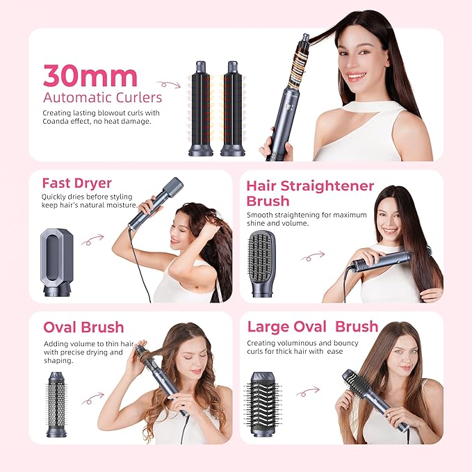 6 in 1 Hair Dryer Brush, Detachable Air Styler, 3 Heat Settings Blow Dryer Brush Frizz-Free Volumizing, Straightening, Curling ALCI Safety Plug for Travel & Home Styling (Blue)