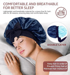 HiRui Silk Satin Bonnet for Sleeping Women, Double-Layer Sleep Cap Shower Cap with Adjustable Tie, Moisture Retaining Satin Lined Hair Bonnet for Curly and Natural Hair (Navy Blue/Light Blue, Large)