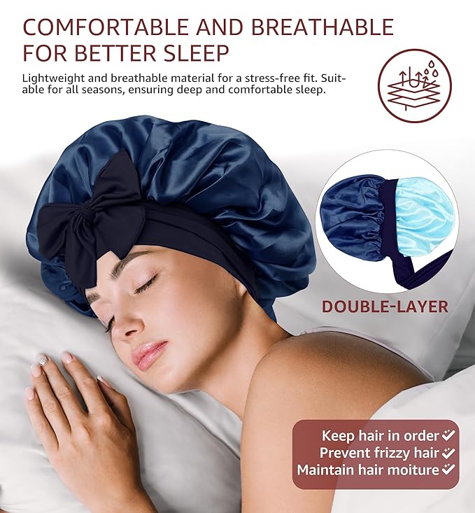 HiRui Silk Satin Bonnet for Sleeping Women, Double-Layer Sleep Cap Shower Cap with Adjustable Tie, Moisture Retaining Satin Lined Hair Bonnet for Curly and Natural Hair (Navy Blue/Light Blue, Medium)