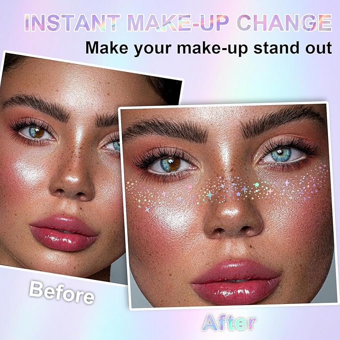 8Pcs Face Makeup Patches, Glitter Freckles Face Tattoo for Teenagers & Young Women, Sparkle Freckles Makeup Patches, Waterproof Face Glitter Freckles for Christmas (8PcsB Holographic Multicolor)